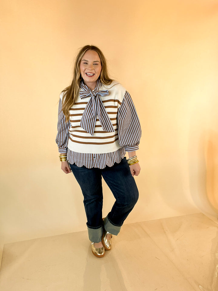 In Good Company Striped Bow Neck Scalloped Hem Blouse in Blue and Brown