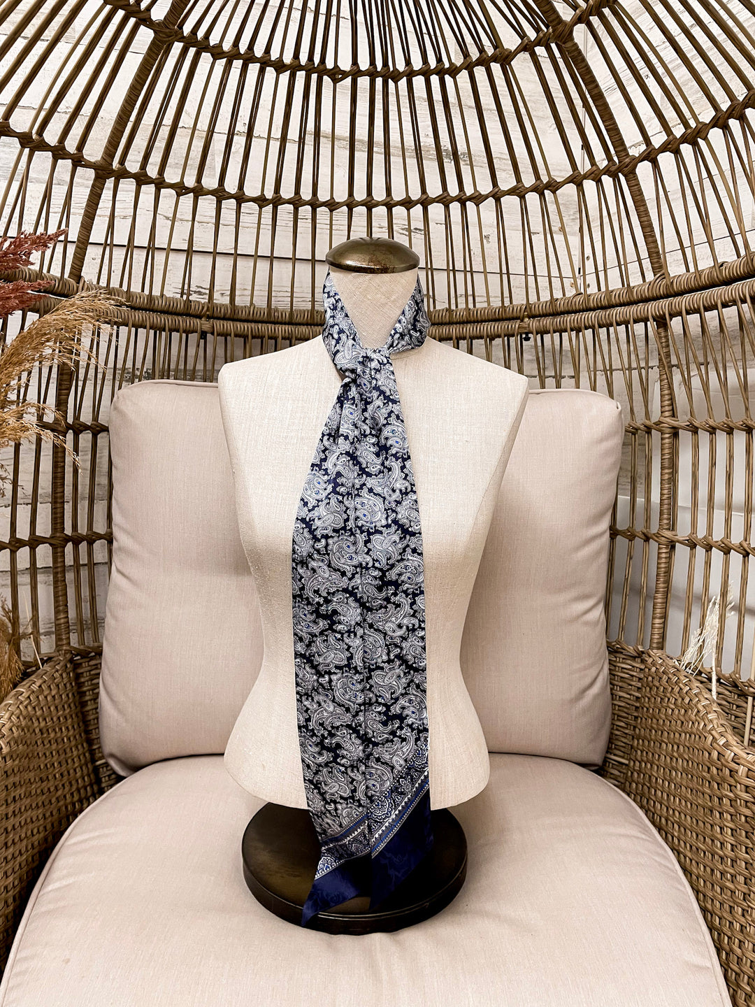 Wyoming Traders | Paisley Print Silk Twilly Scarf in Silver, Cobalt Blue and Navy Blue