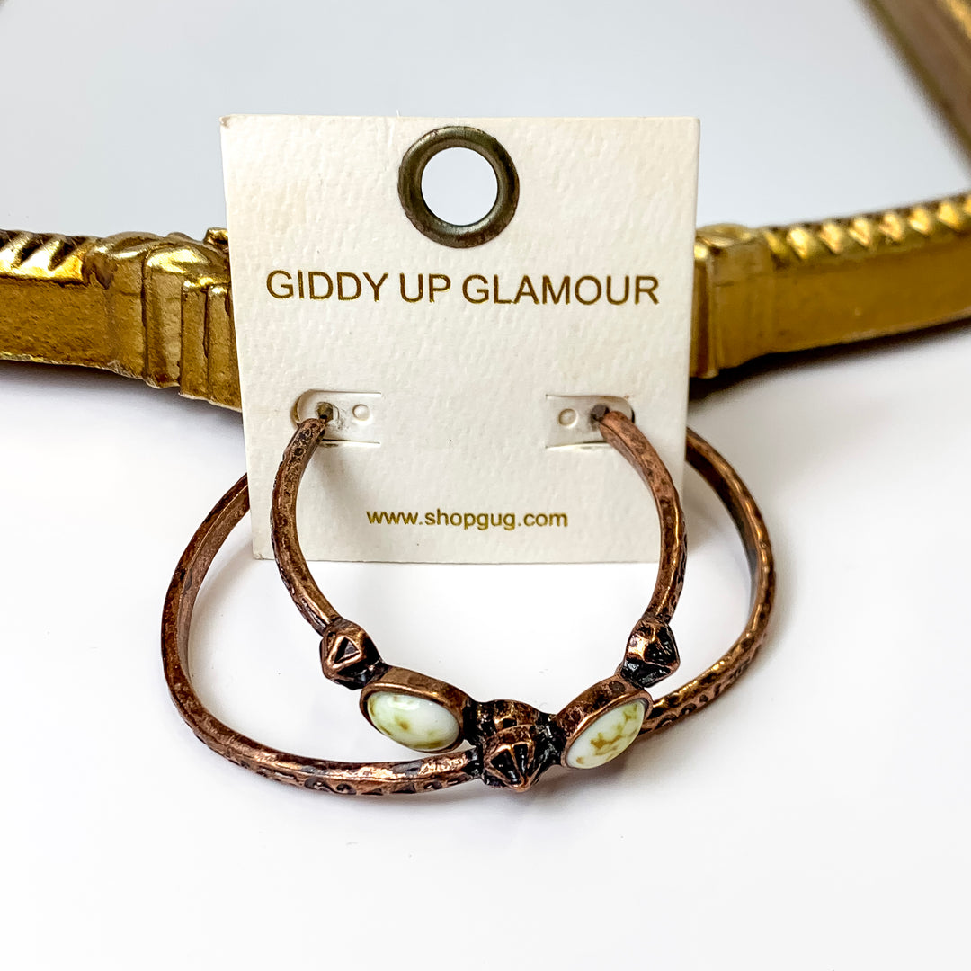 Semi Hoop Earrings in Copper Tone with Faux White Stone - Giddy Up Glamour Boutique