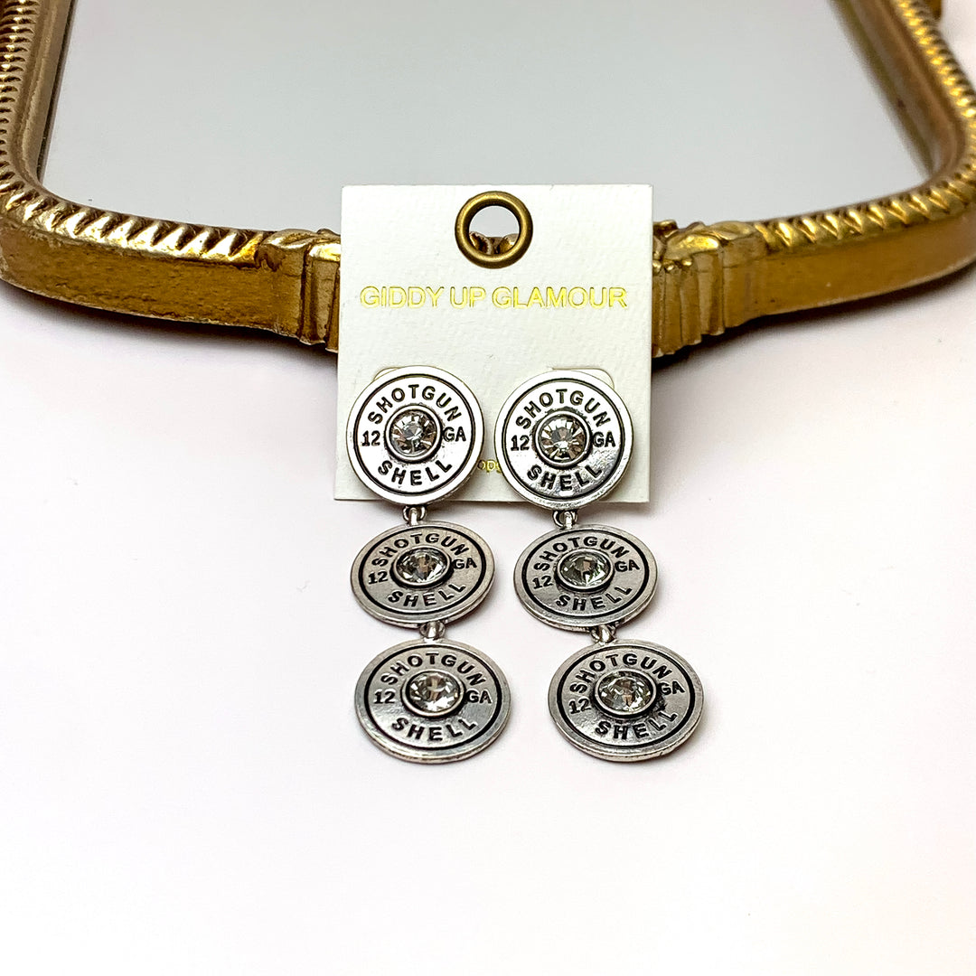 3 Tier Silver Tone 12 Gauge Shotgun Shell Dangle Earrings with Clear Crystal Accents - Giddy Up Glamour Boutique
