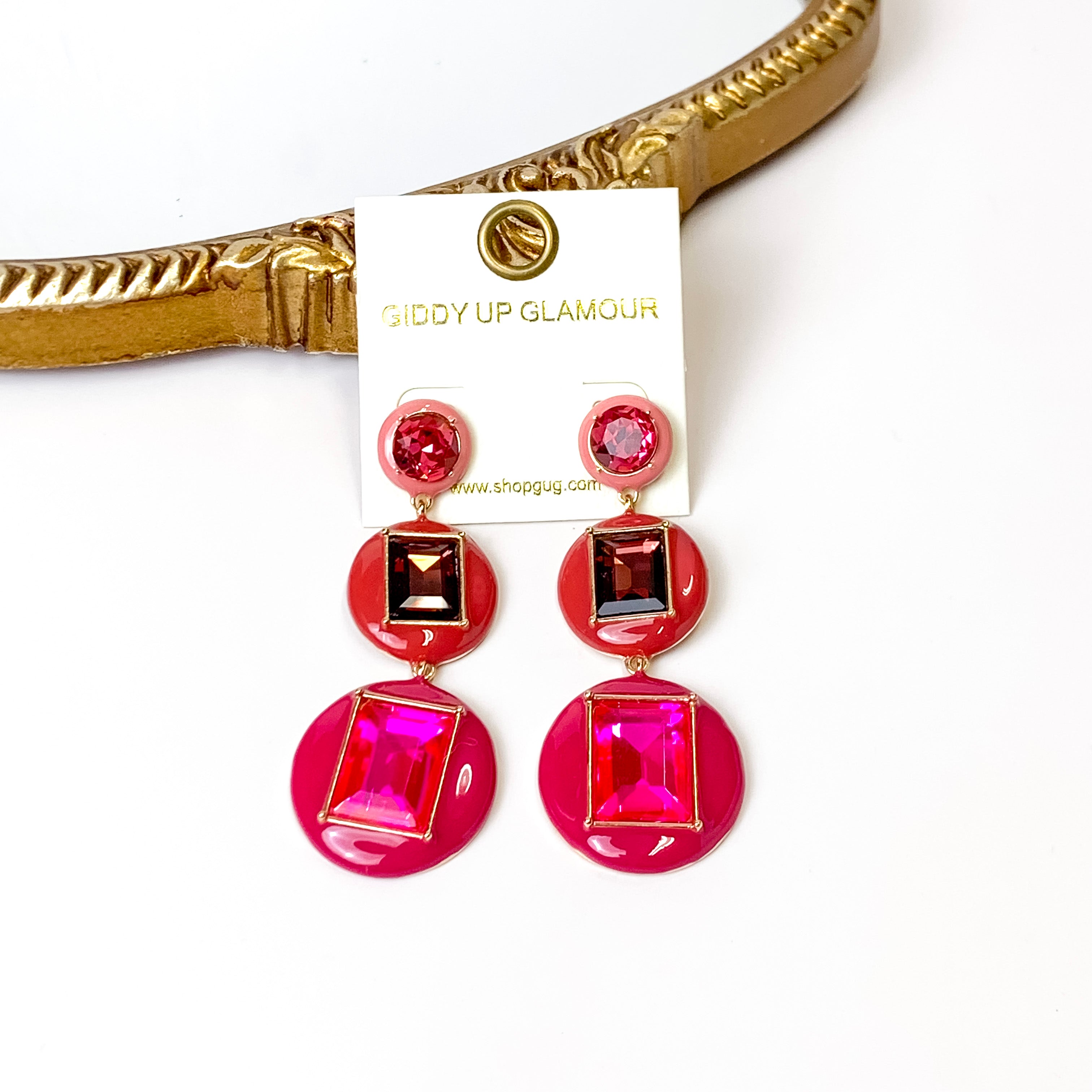 3 Tier Multicolor Enamel Framed Stone Drop Earrings in Fuchsia Pink - Giddy Up Glamour Boutique