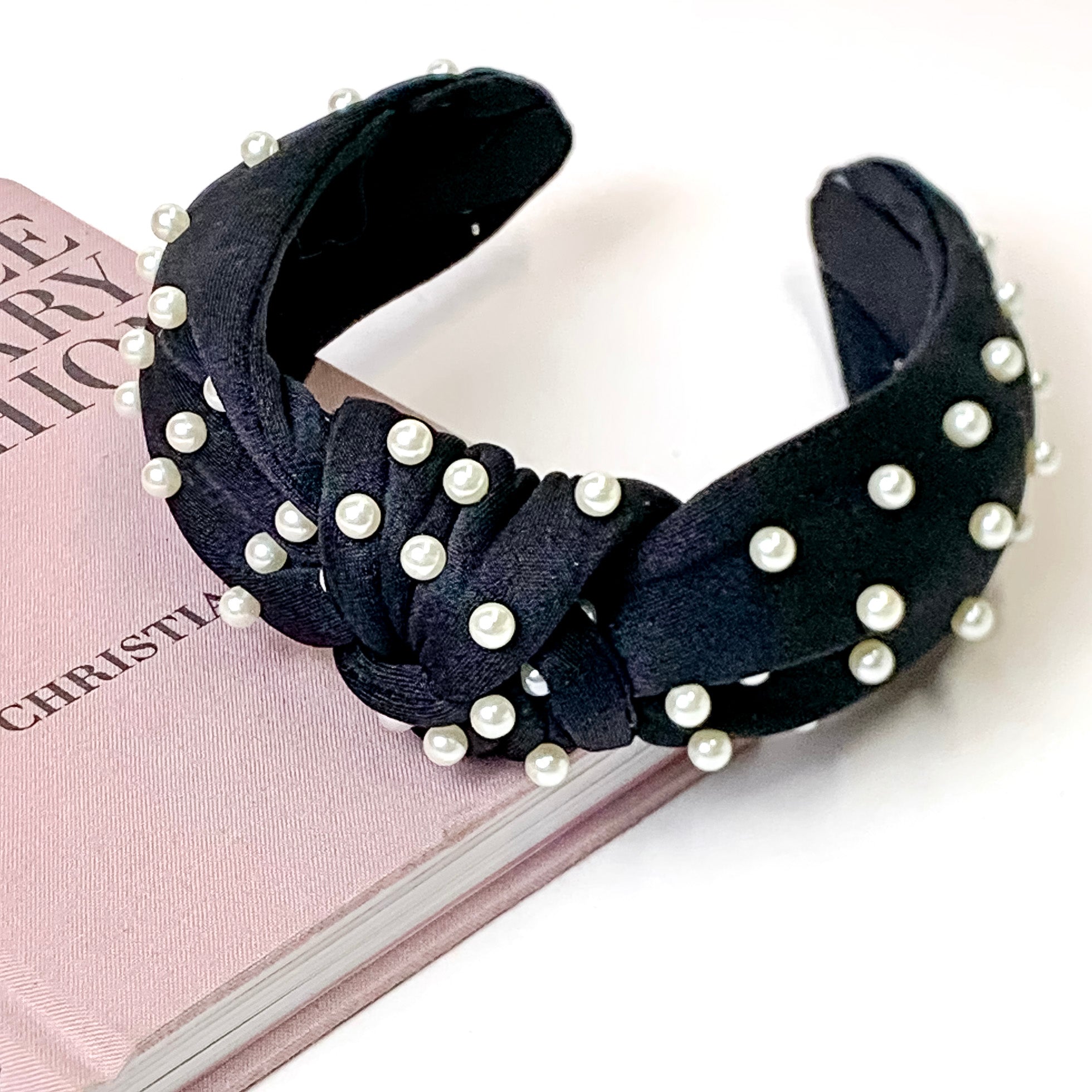 Pearl Detailed Knotted Headband in Black - Giddy Up Glamour Boutique