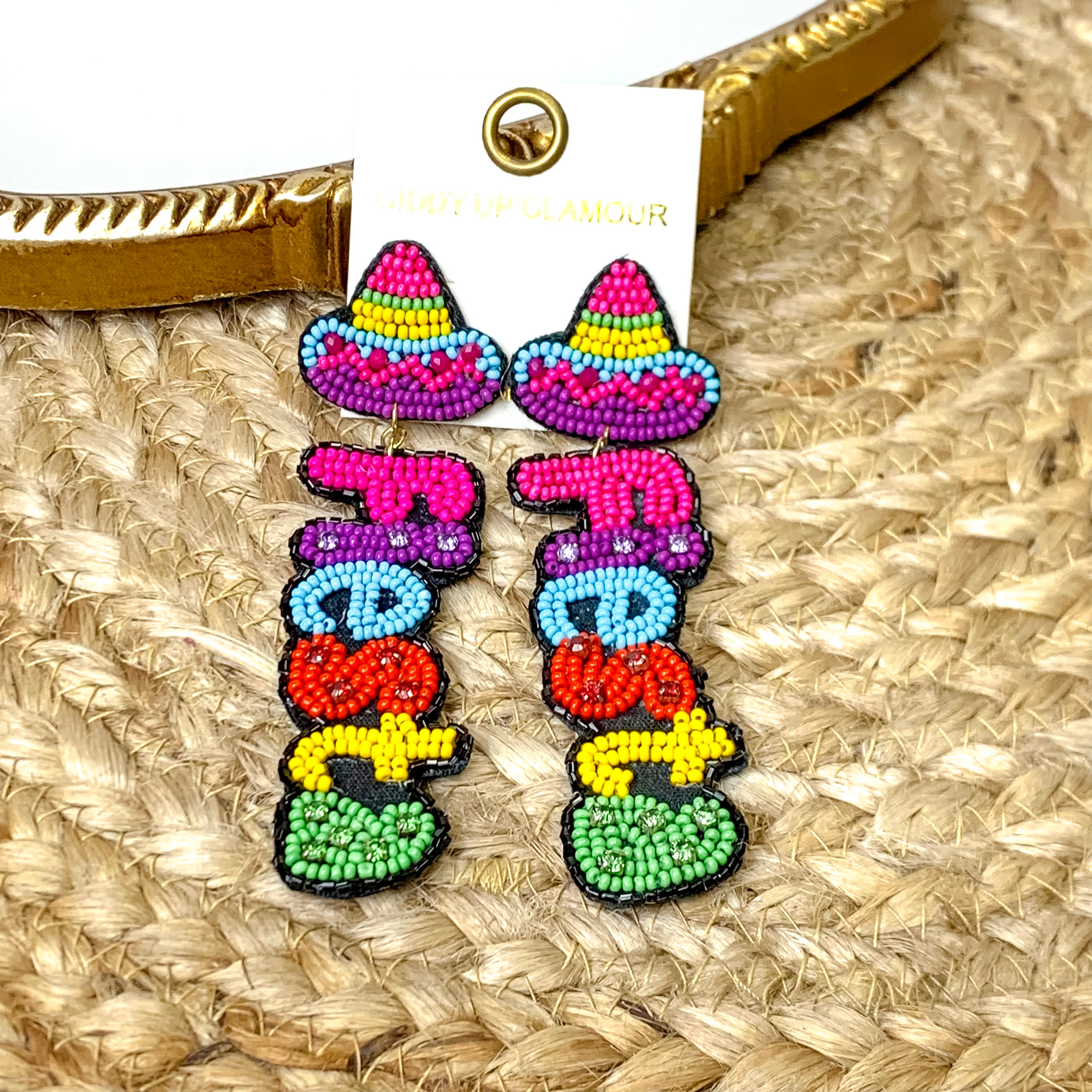Sombrero Fiesta Seed Beaded Earrings in Multicolored - Giddy Up Glamour Boutique