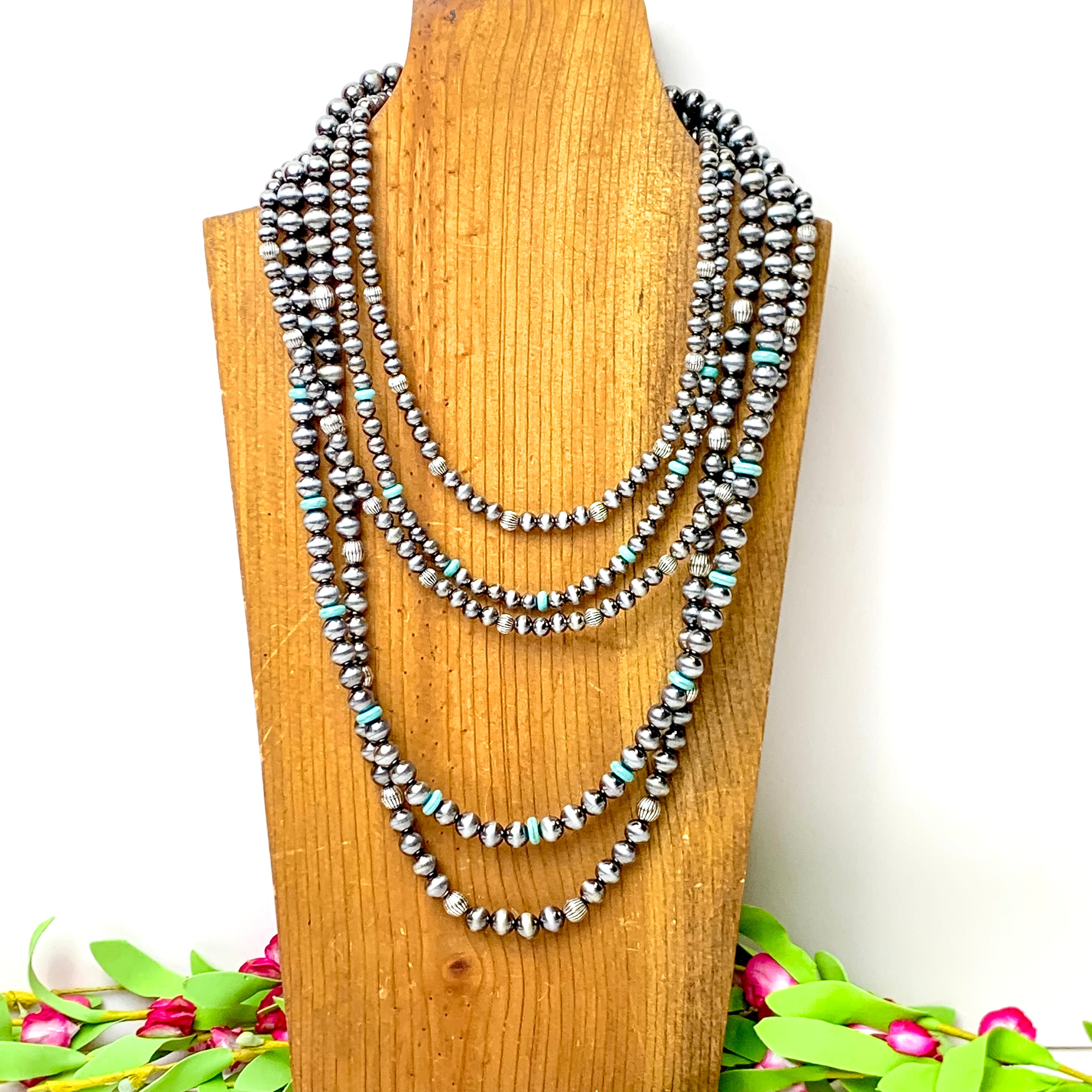 Five Row Faux Navajo Pearl Layered Necklace with Faux Turquoise Disk Bead Spacers in Silver Tone - Giddy Up Glamour Boutique