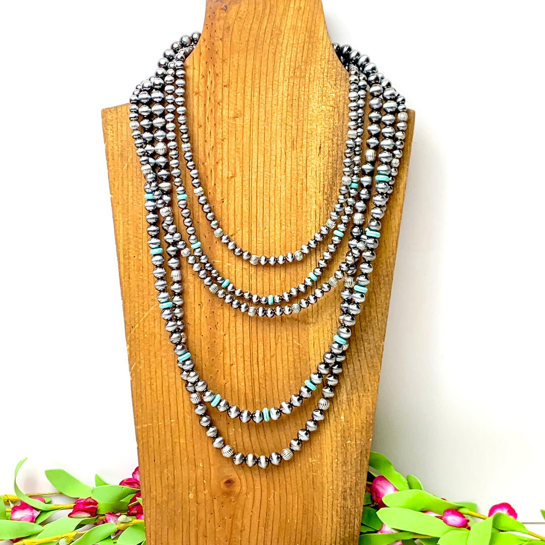 Five Row Faux Navajo Pearl Layered Necklace with Faux Turquoise Disk Bead Spacers in Silver Tone - Giddy Up Glamour Boutique