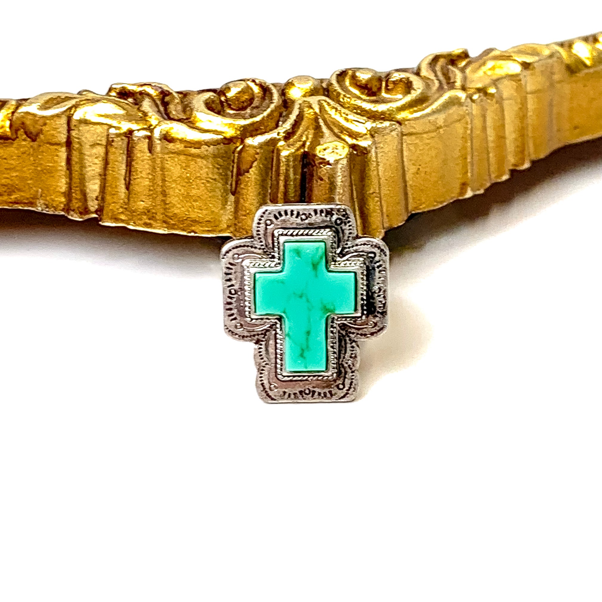 Silver Tone Faux Turquoise Cross Stretch Ring - Giddy Up Glamour Boutique