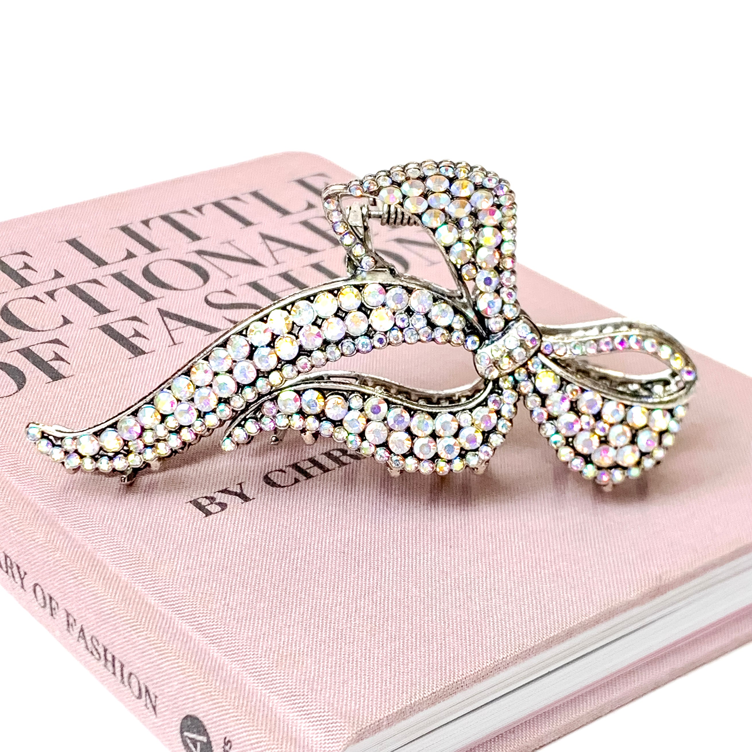 AB Crystal Embellished Bow Shaped Metal Hair Clip in Silver