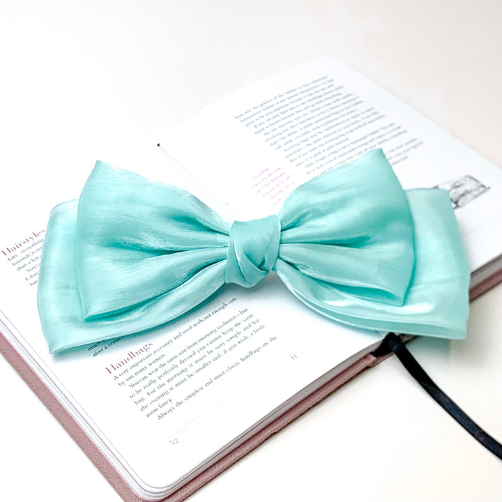 Feelin' Flirty Silk Bow Hair Clip in Mint Blue - Giddy Up Glamour Boutique