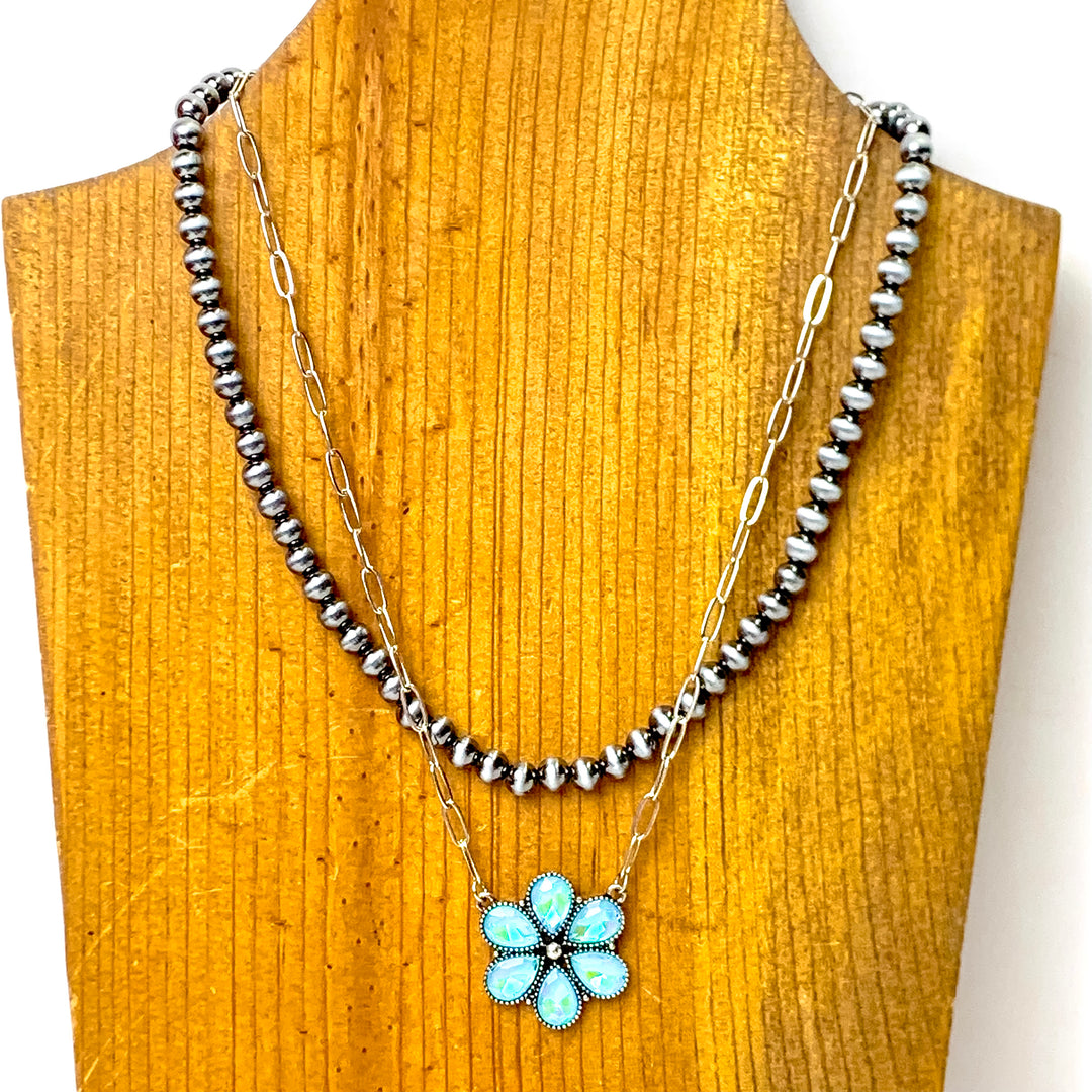 Prairie Petals Faux Navajo Pearl and Chain Necklace in Turquoise Blue and Silver Tone - Giddy Up Glamour Boutique