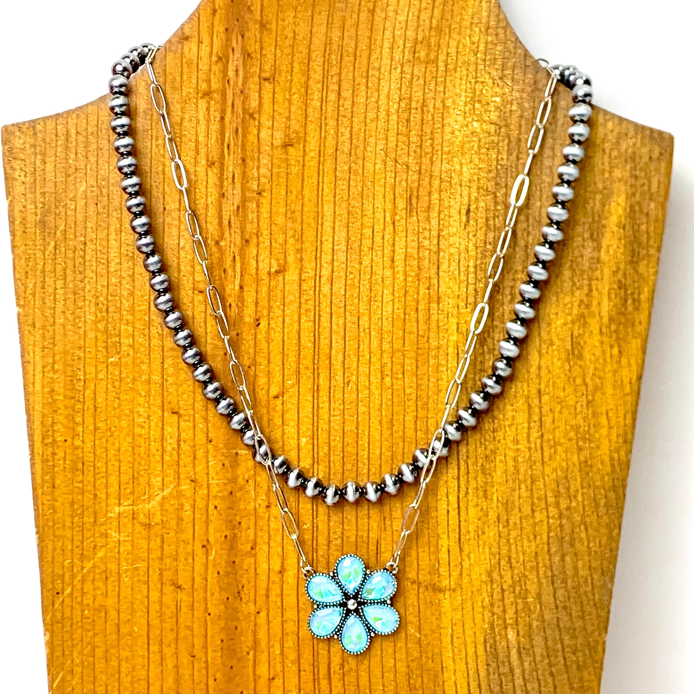 Prairie Petals Faux Navajo Pearl and Chain Necklace in Turquoise Blue and Silver Tone - Giddy Up Glamour Boutique