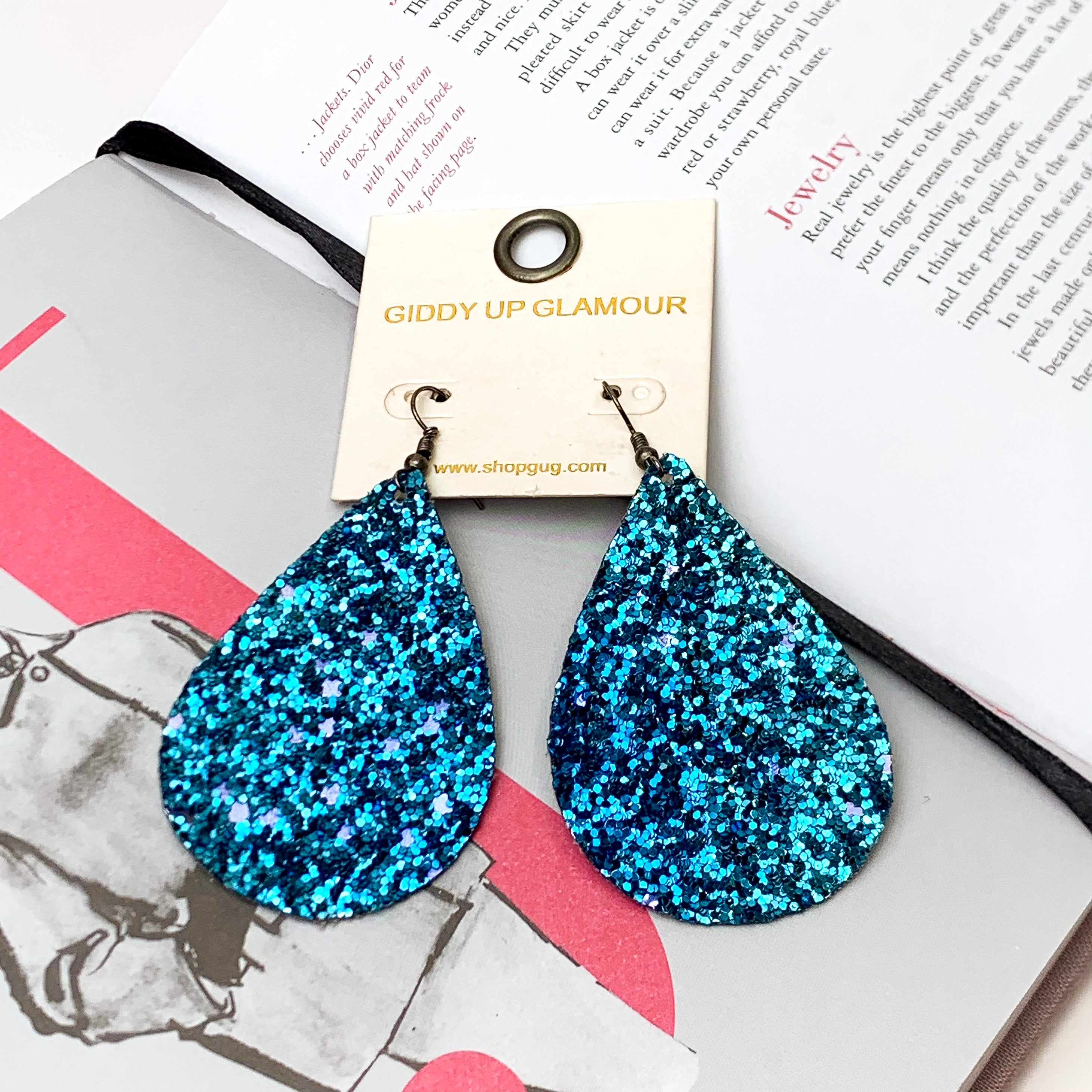 Teal Blue Glitter Teardrop Earrings - Giddy Up Glamour Boutique