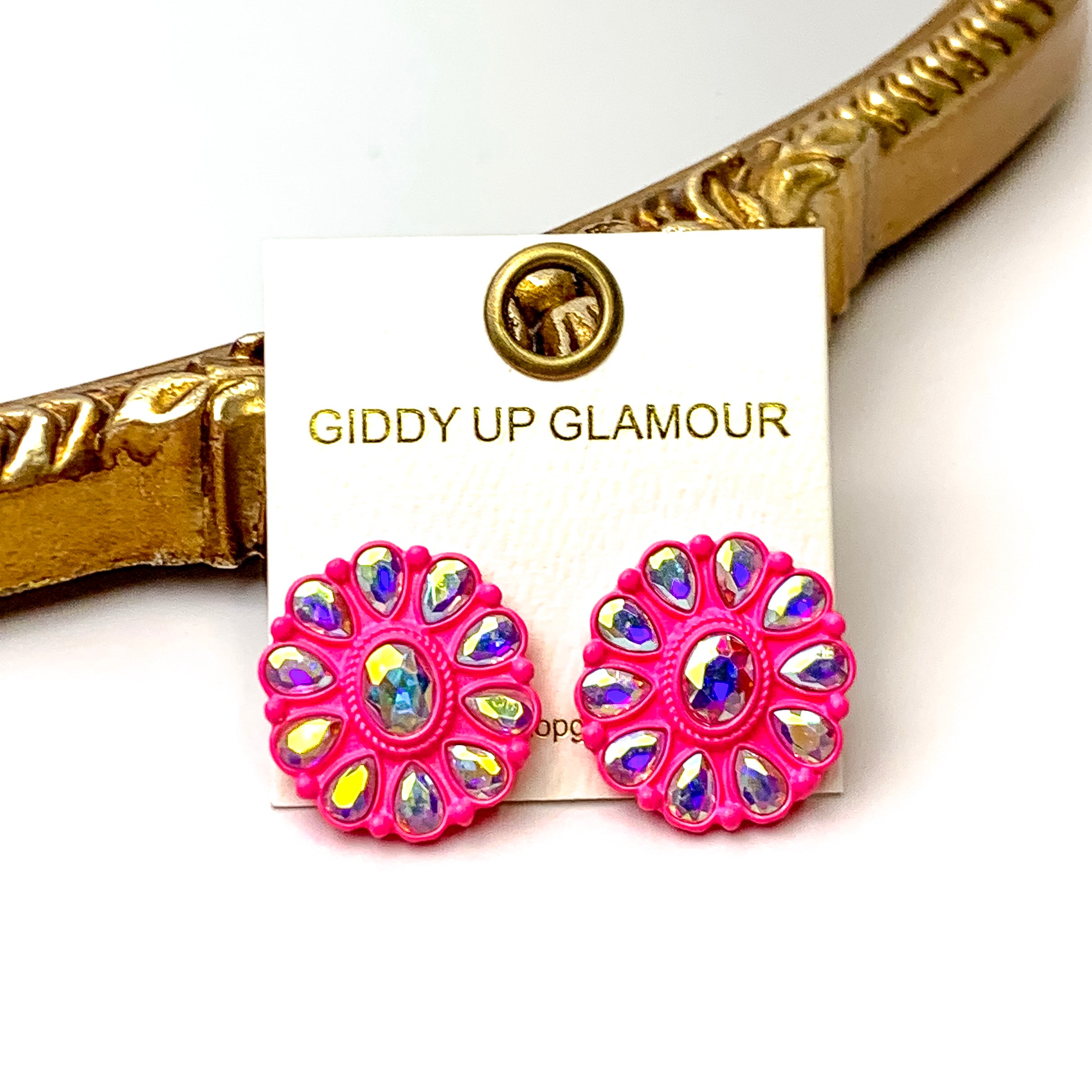 Prismatic Petal AB Stone Flower Concho Stud Earrings in Neon Pink - Giddy Up Glamour Boutique