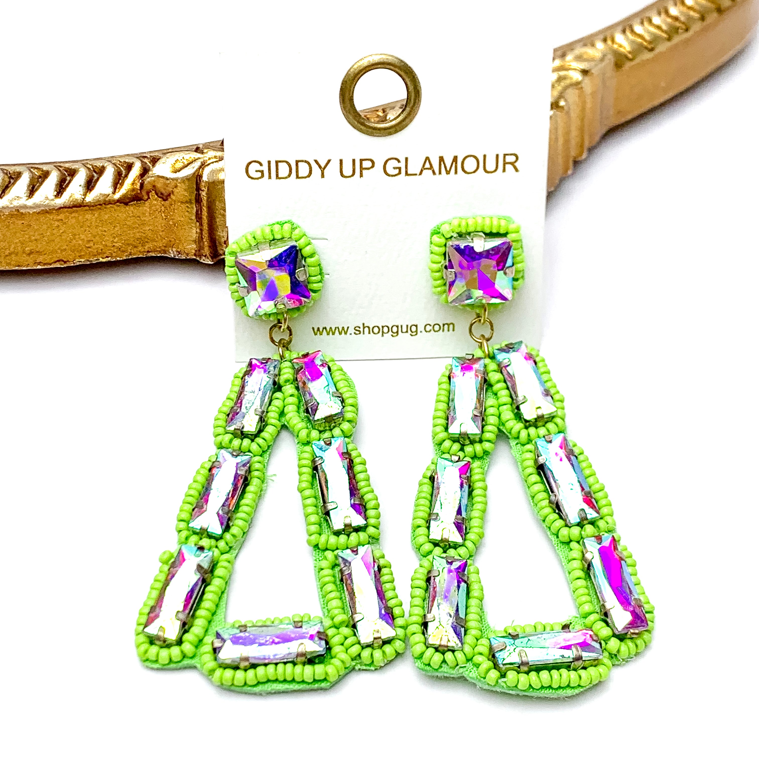 Vibrant Vistas Triangular Seed Bead Drop Earrings with AB Stones in Lime Green