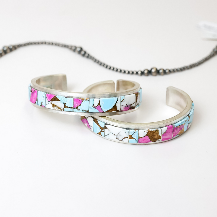 Steve Francisco | Navajo Handmade Sterling Silver Cuff Bracelet with Cotton Candy Inlay Stone