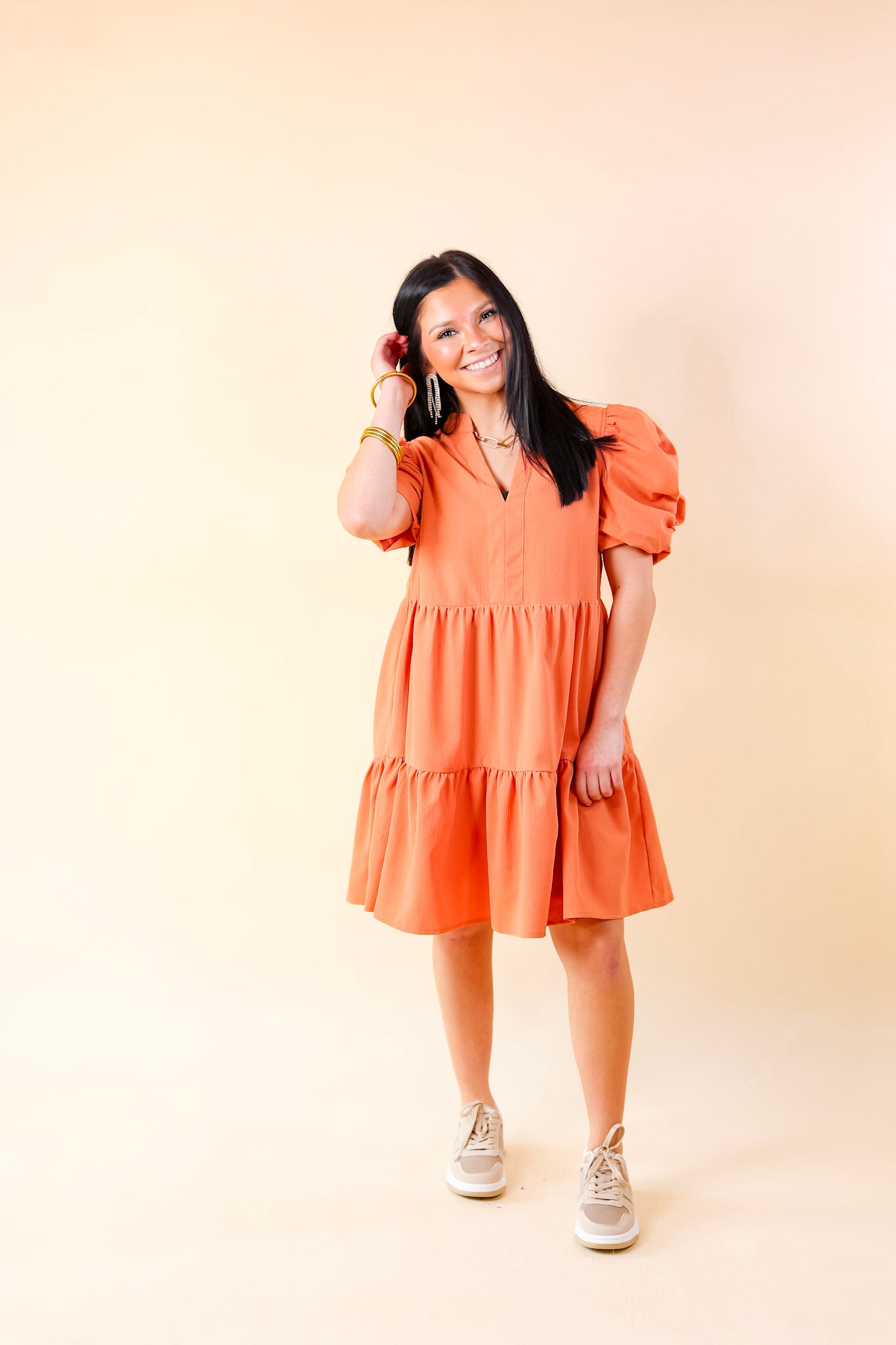 Call Me Chic Balloon Sleeve Short Dress in Salmon Orange - Giddy Up Glamour Boutique