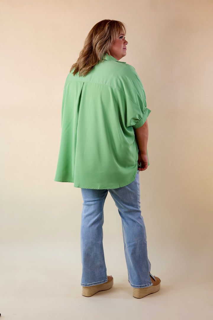 City Lifestyle Button Up Half Sleeve Poncho Top in Aloe Green - Giddy Up Glamour Boutique