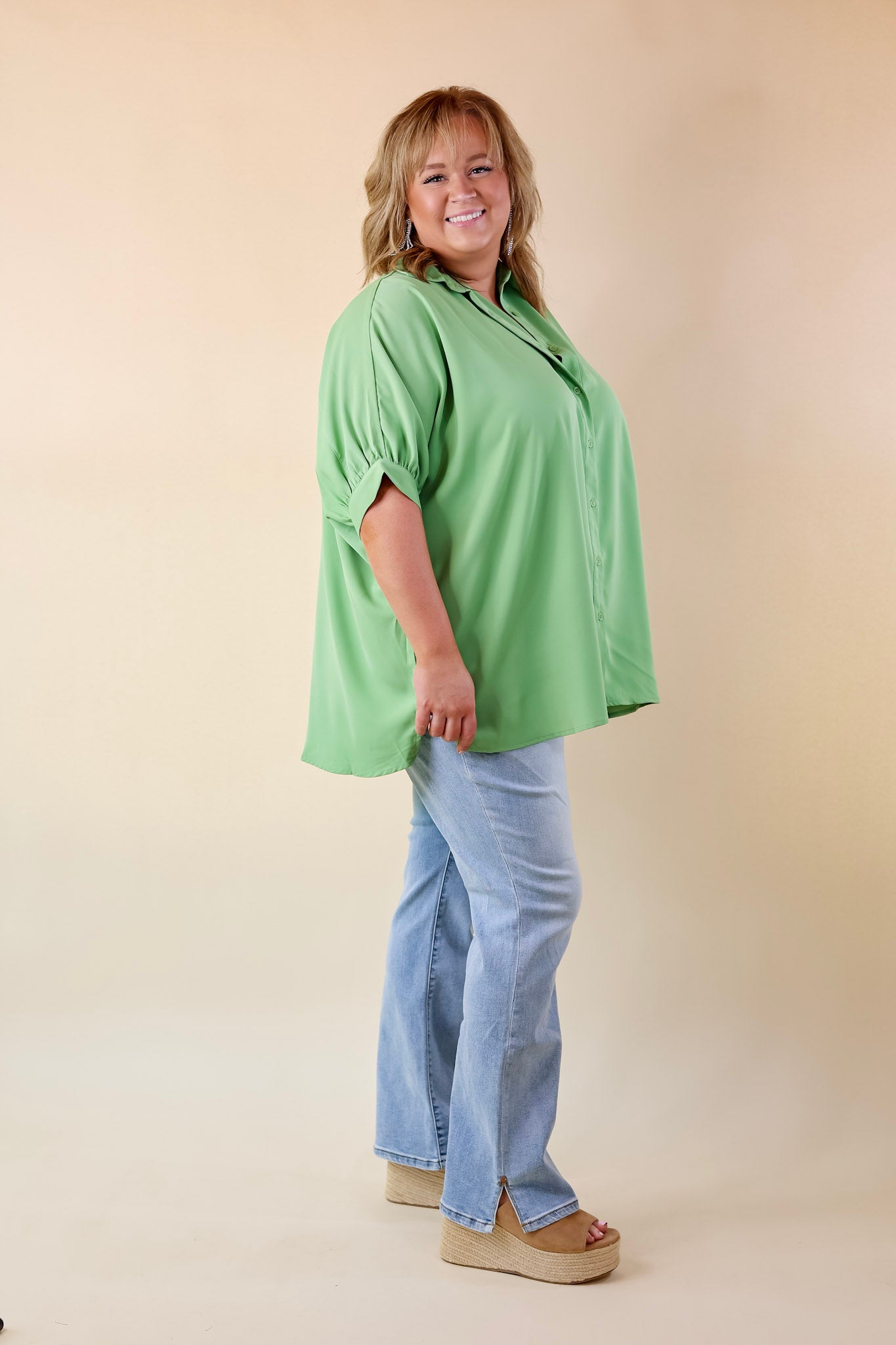 City Lifestyle Button Up Half Sleeve Poncho Top in Aloe Green - Giddy Up Glamour Boutique