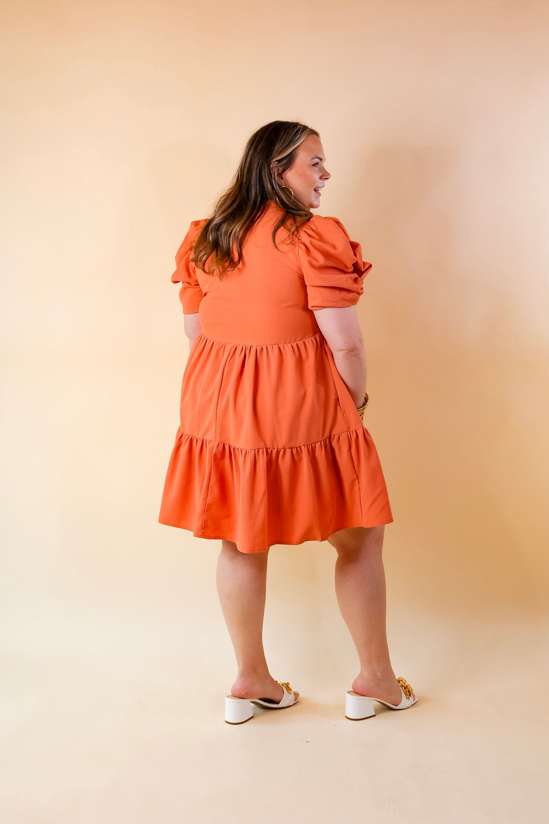 Call Me Chic Balloon Sleeve Short Dress in Salmon Orange - Giddy Up Glamour Boutique