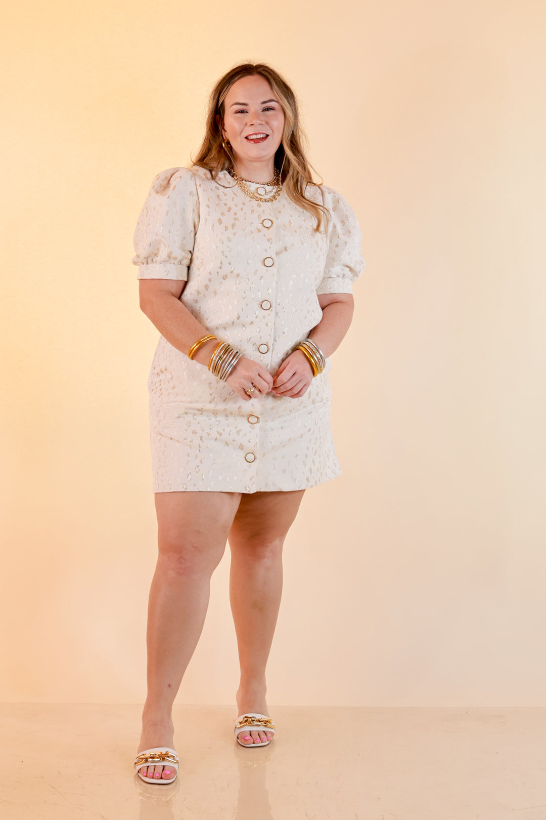 Bold Bliss Button Front Puff Sleeve Metallic Leopard Print Statement Dress in White