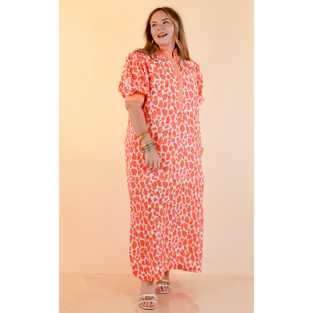 Feeling Extra Leopard Print Midi Dress with Stripe Contrast Collar and Puff Sleeves in Pink and Orange