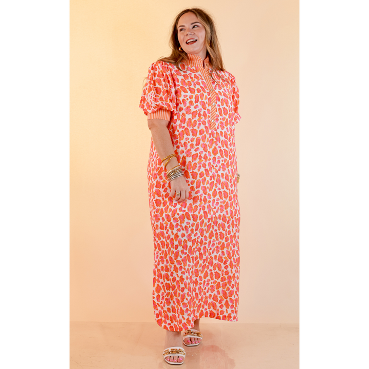 Feeling Extra Leopard Print Midi Dress with Stripe Contrast Collar and Puff Sleeves in Pink and Orange
