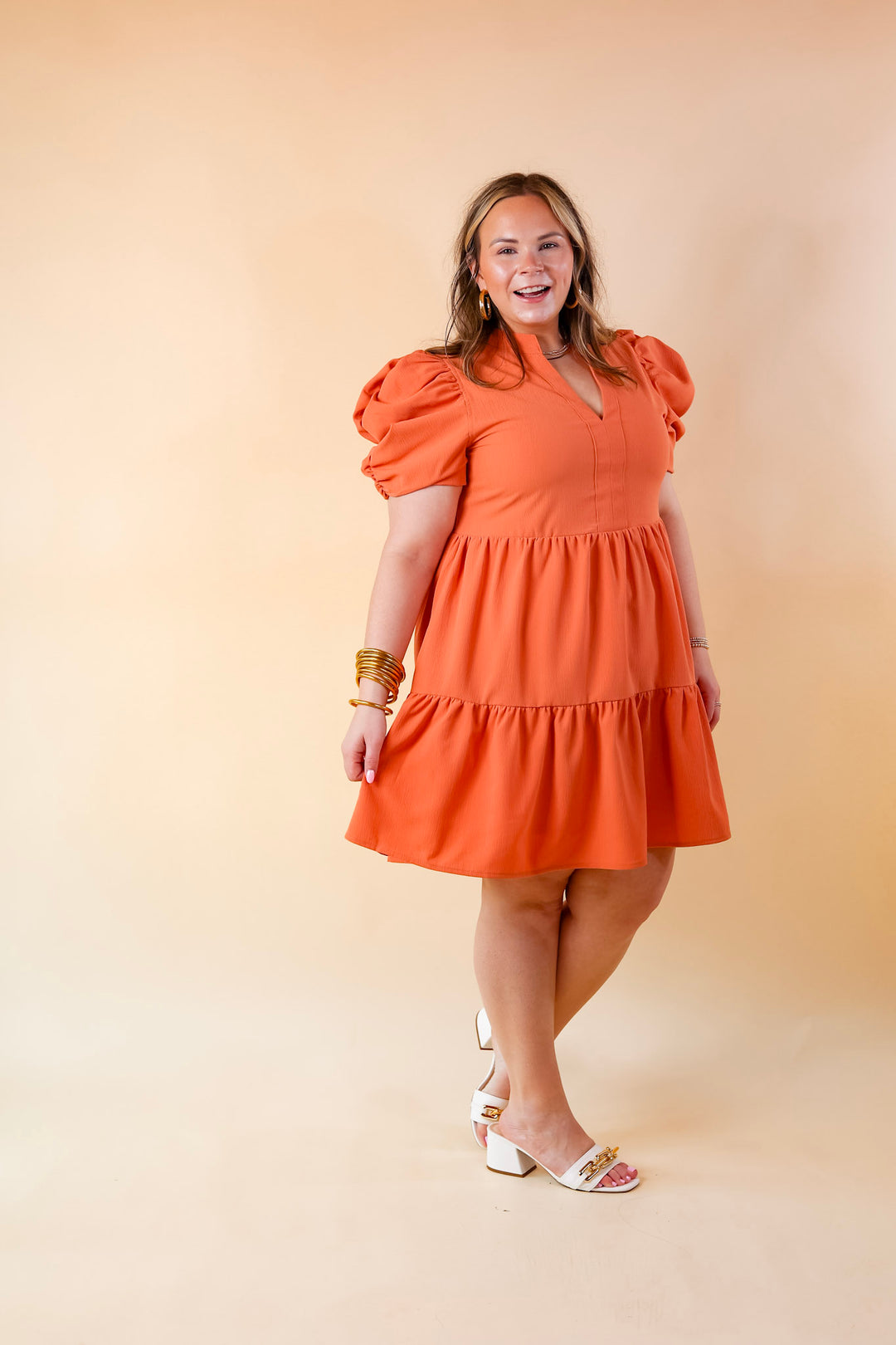 Call Me Chic Balloon Sleeve Short Dress in Salmon Orange - Giddy Up Glamour Boutique