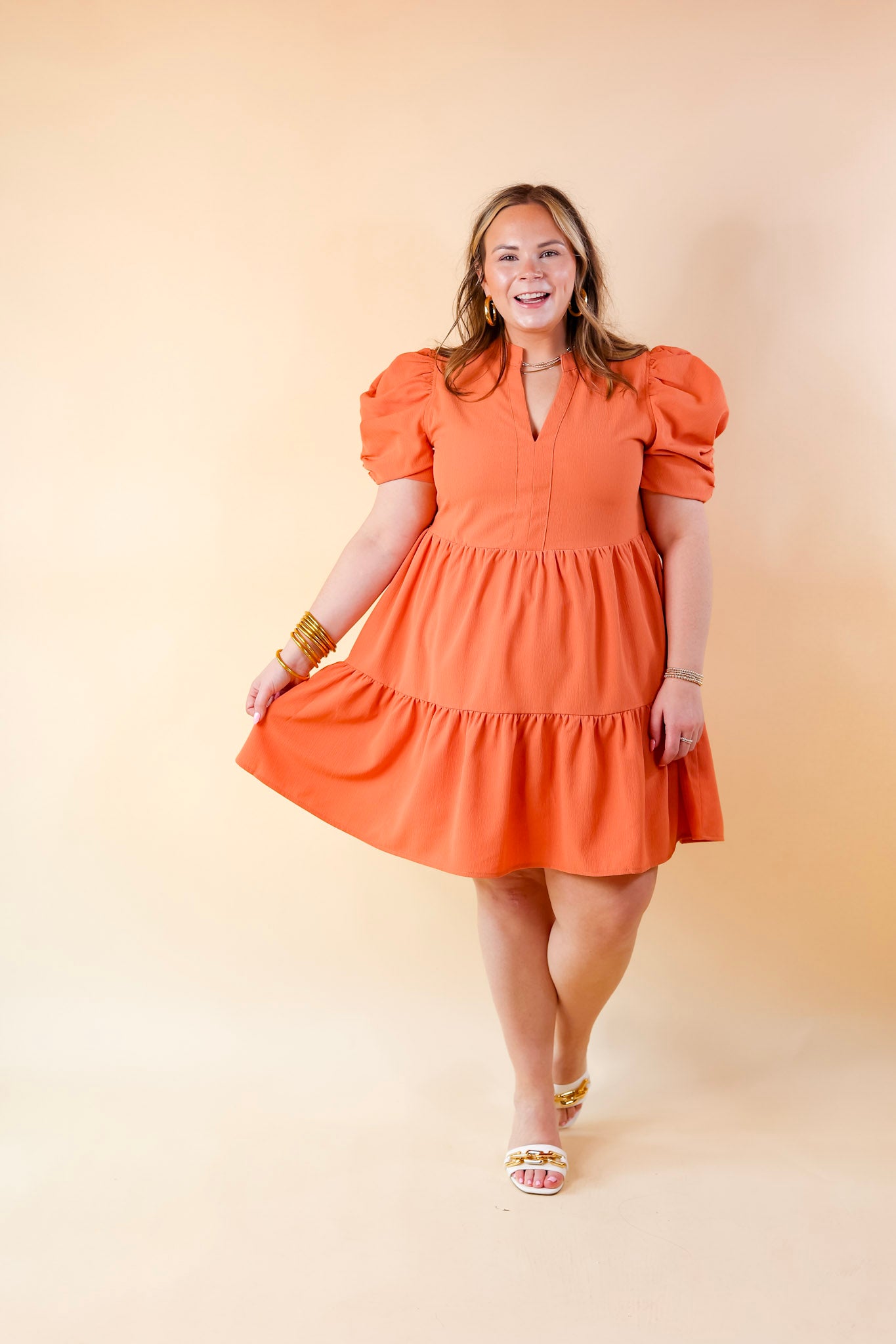 Call Me Chic Balloon Sleeve Short Dress in Salmon Orange - Giddy Up Glamour Boutique