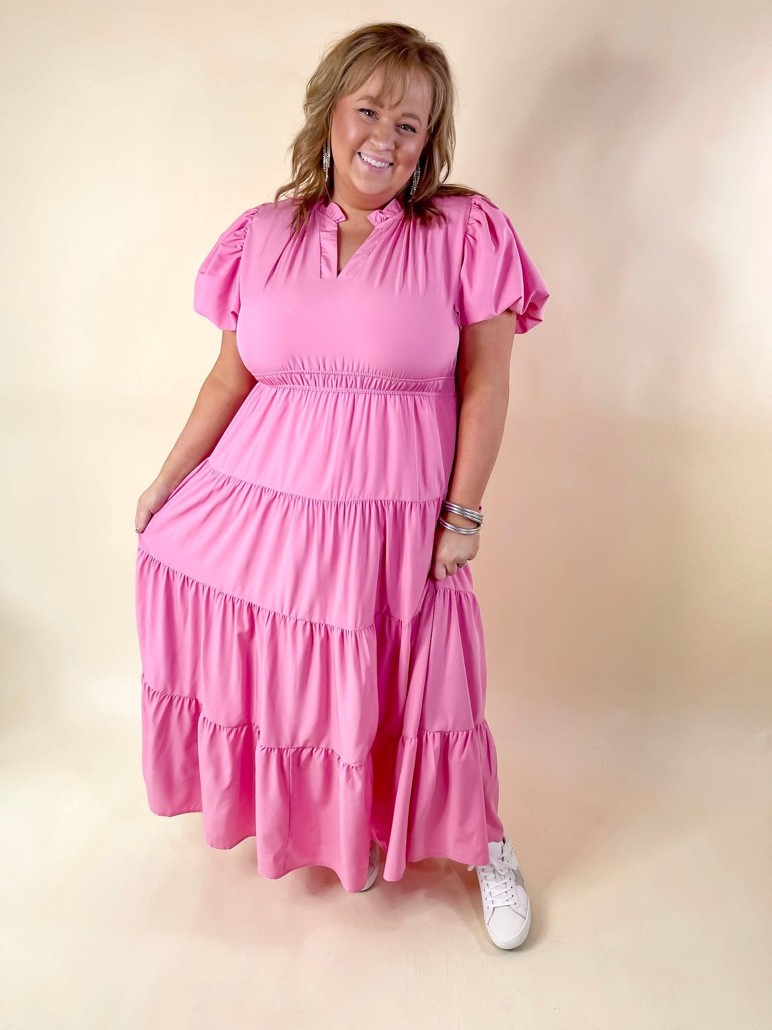 Table for Two Tiered Maxi Dress with Puff Sleeves in Bubblegum Pink - Giddy Up Glamour Boutique