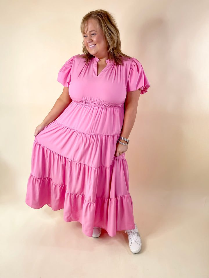Table for Two Tiered Maxi Dress with Puff Sleeves in Bubblegum Pink - Giddy Up Glamour Boutique