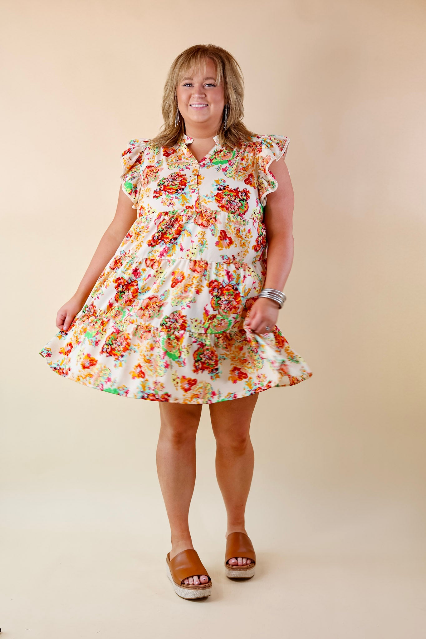 Best Route Floral Ruffle Cap Sleeve Dress in Cream - Giddy Up Glamour Boutique