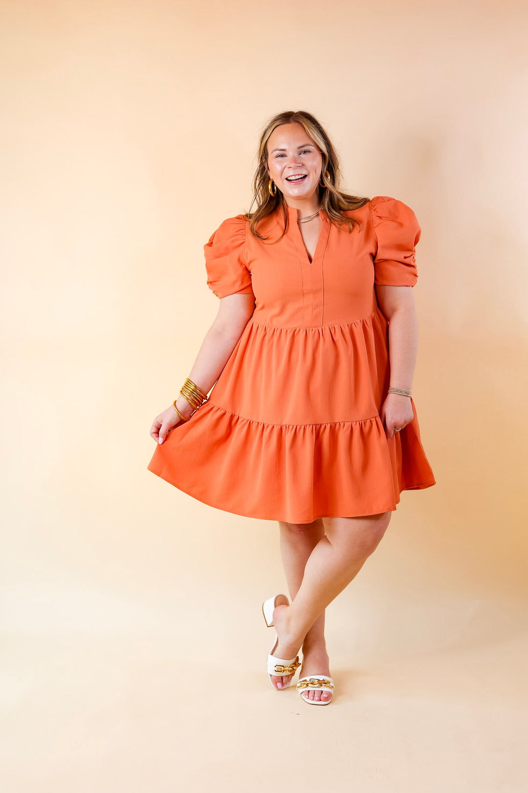 Call Me Chic Balloon Sleeve Short Dress in Salmon Orange - Giddy Up Glamour Boutique