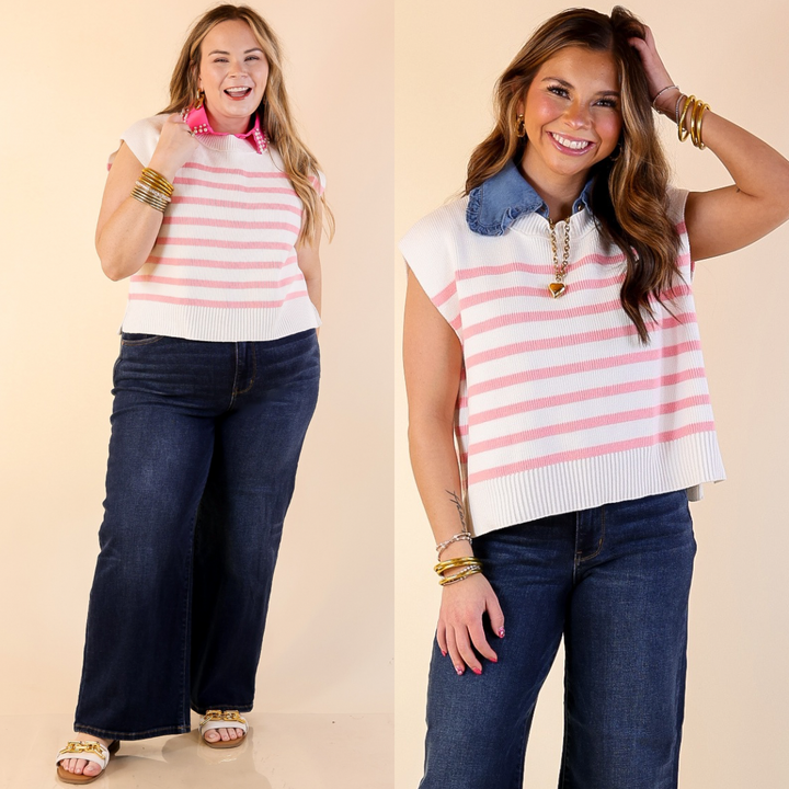 Stripe Things Up Drop Shoulder Knit Sweater in White with Pink Stripes