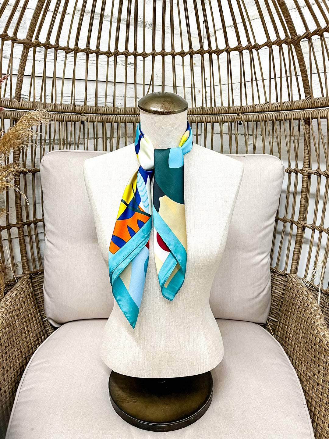 Retro Bloom Bold Multicolor Floral Square Scarf with Aqua Trim in Multicolor