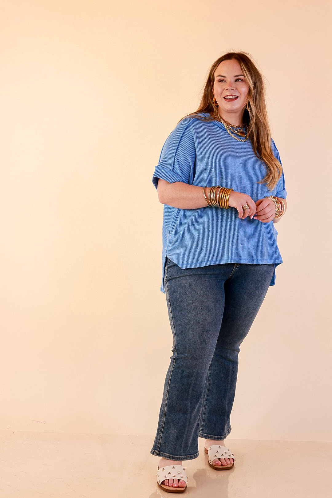 Daily Perfection Scoop Neck Short Sleeve Ribbed Top in Sky Blue