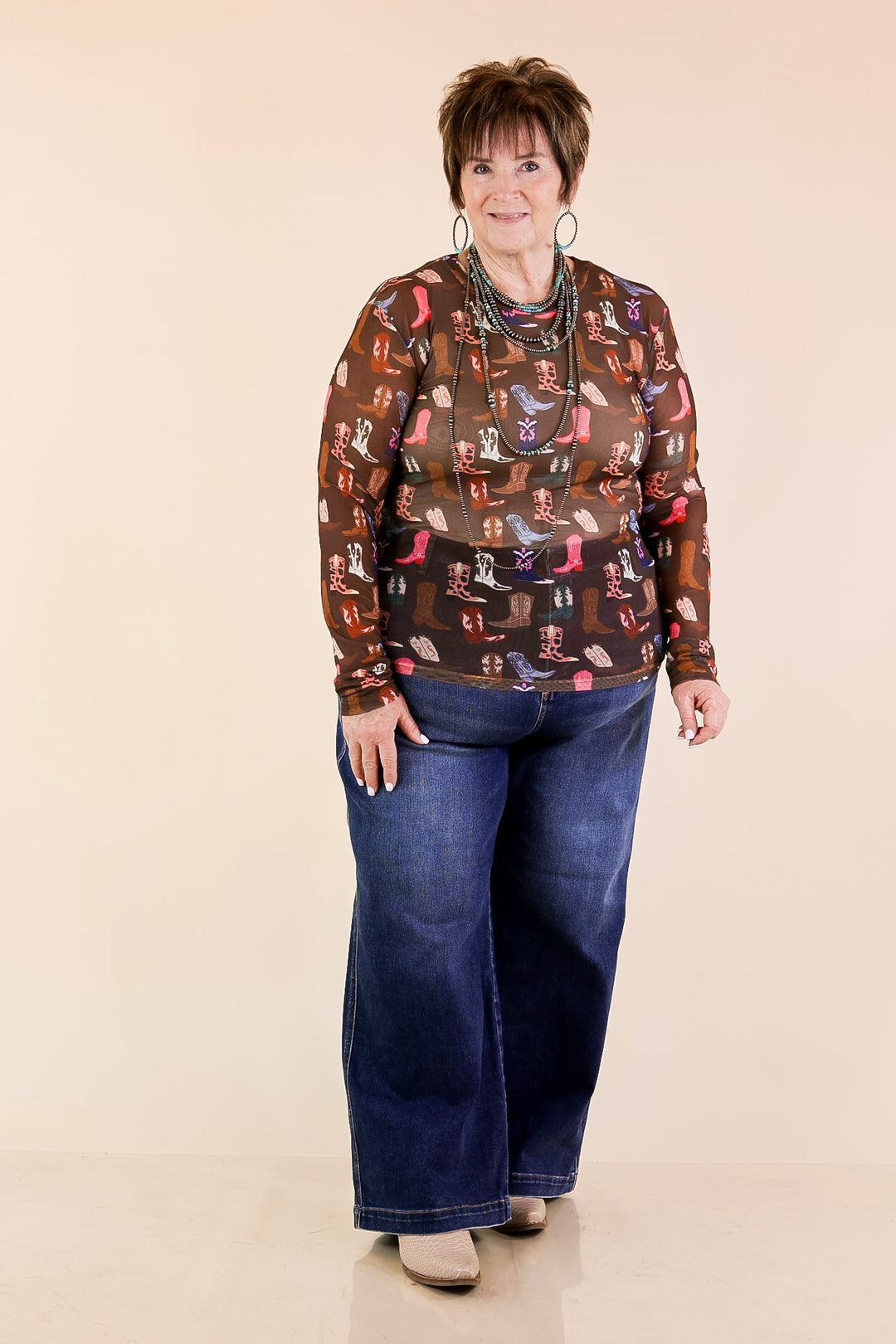 The Perfect Layer Western Boot Print Mesh Long Sleeve Top in Brown