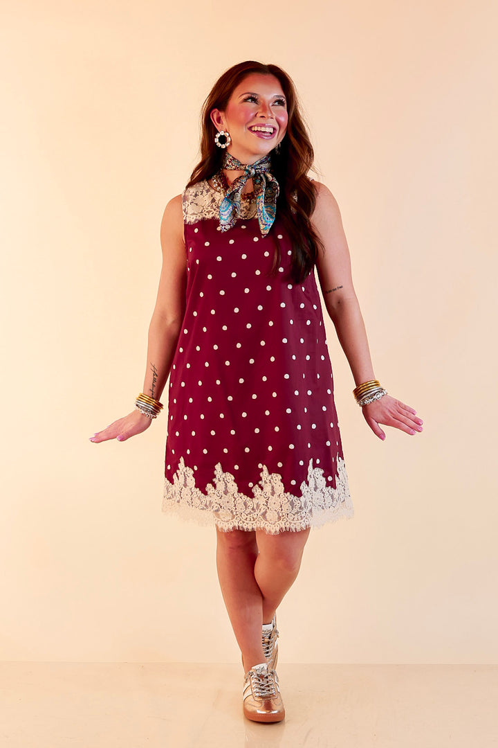 Lovely Little Details Polka Dot Lace Trim Sleeveless Shift Dress in Maroon and Ivory