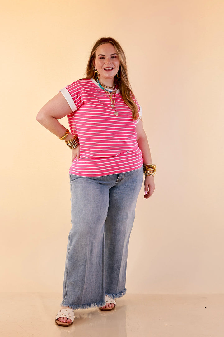 Right on Repeat Scoop Neck Cap Sleeve with Contrast Trim Striped Tee Top in Fuchsia Pink