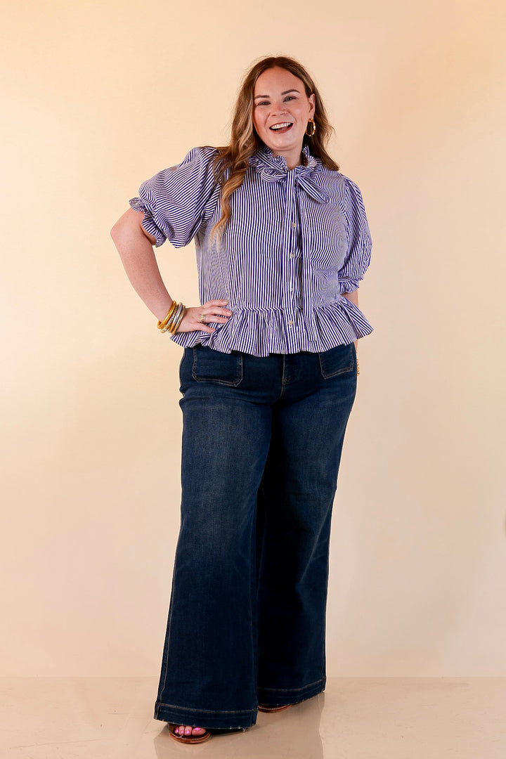 Judy Blue | Classic Companion Luxe Retro Wide Leg Jeans with Front Patch Pockets in Dark Indigo Wash