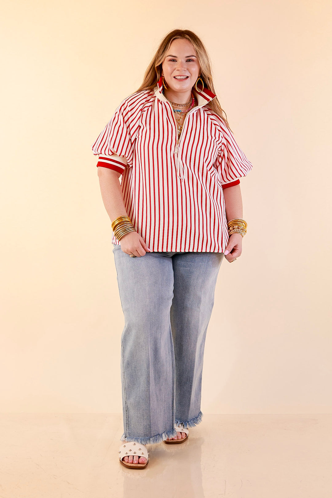 Bold Instincts Striped Print Half Zip Top with Puff Sleeves in Red and Ivory