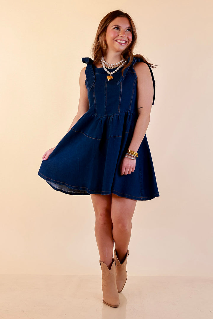 Denim Daydream Tie Shoulder Square Neck Tiered Corset Denim Mini Dress in Dark Wash