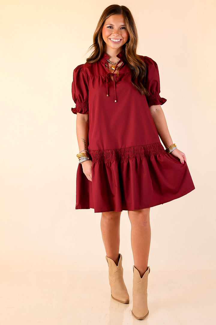 Sugar and Chic Peplum Solid Dress with Puff Sleeves in Maroon