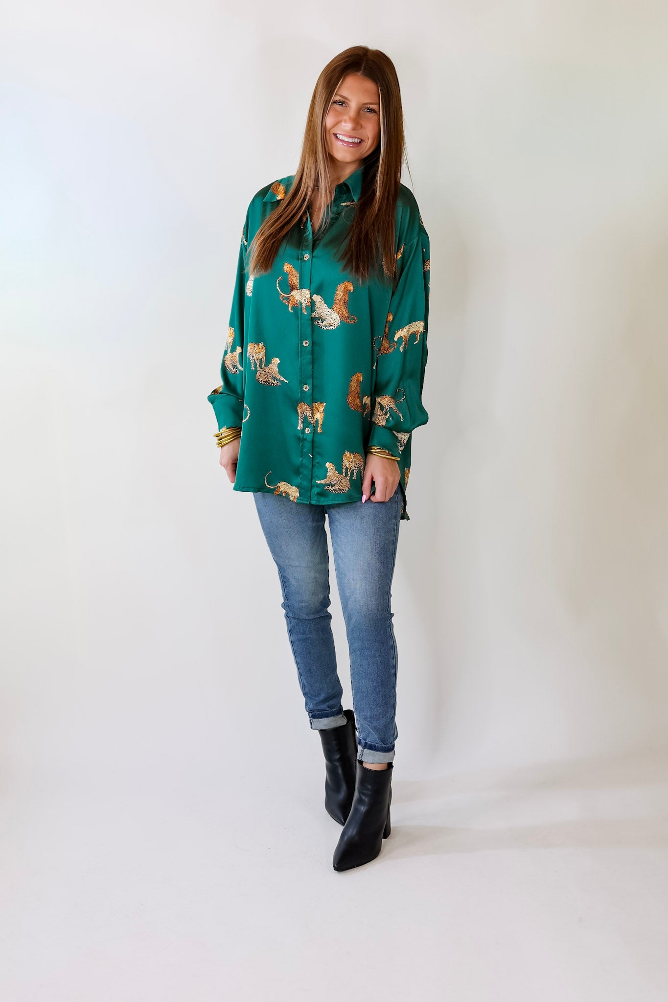 Tell Me Something Good Cheetah Print Long Sleeve Button Up Top in Hunter Green - Giddy Up Glamour Boutique