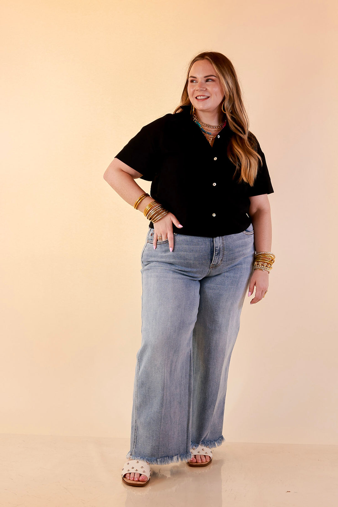 Casual Composure Button Front Short Sleeve Linen Top in Black