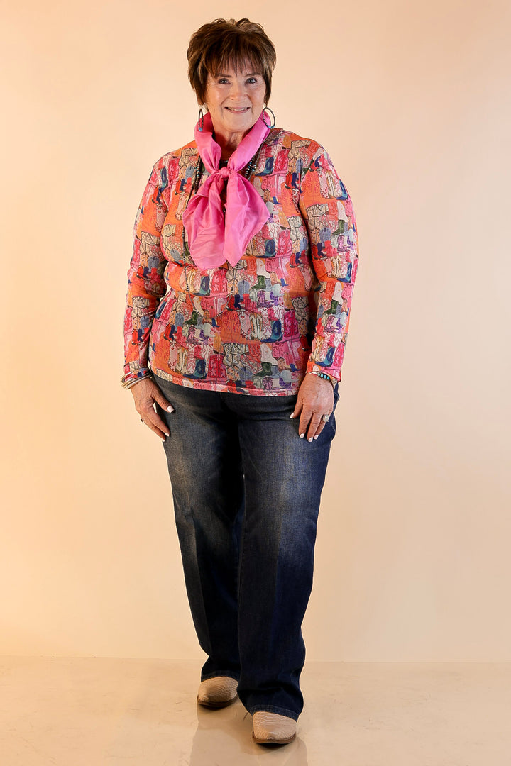 The Perfect Layer Western Boot Print Mesh Long Sleeve Top in Pink Multicolor