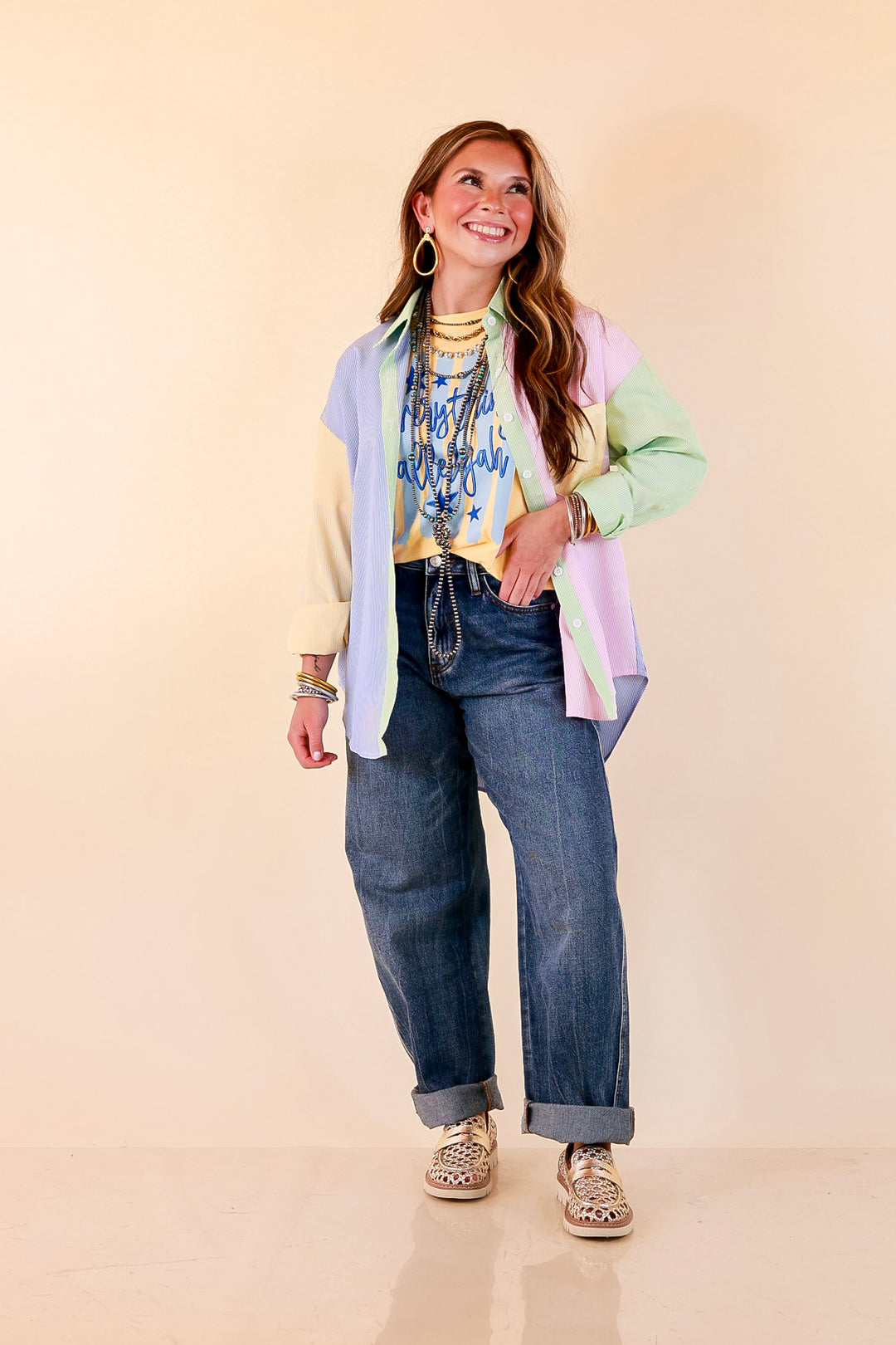 GUG Original | Sweet Harmony Long Sleeve Button Down Color Block Pinstripe Shirt in Bright Mix