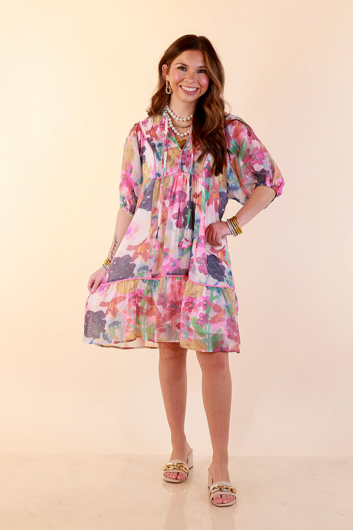 Painted Pretty Floral Print Smocked Yoke Dress with Tie Neckline and Puff Sleeves in Pink Mix