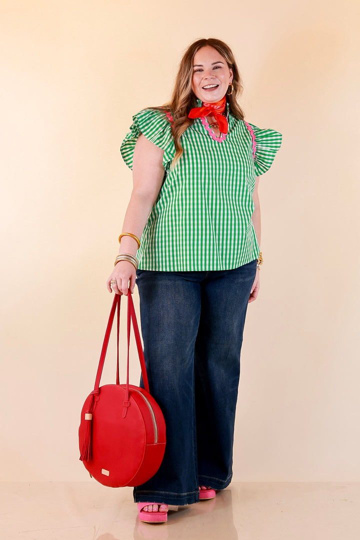 Sweet Tea Social Ruffle Sleeve Gingham Top with Ric Rac Trim in Kelly Green