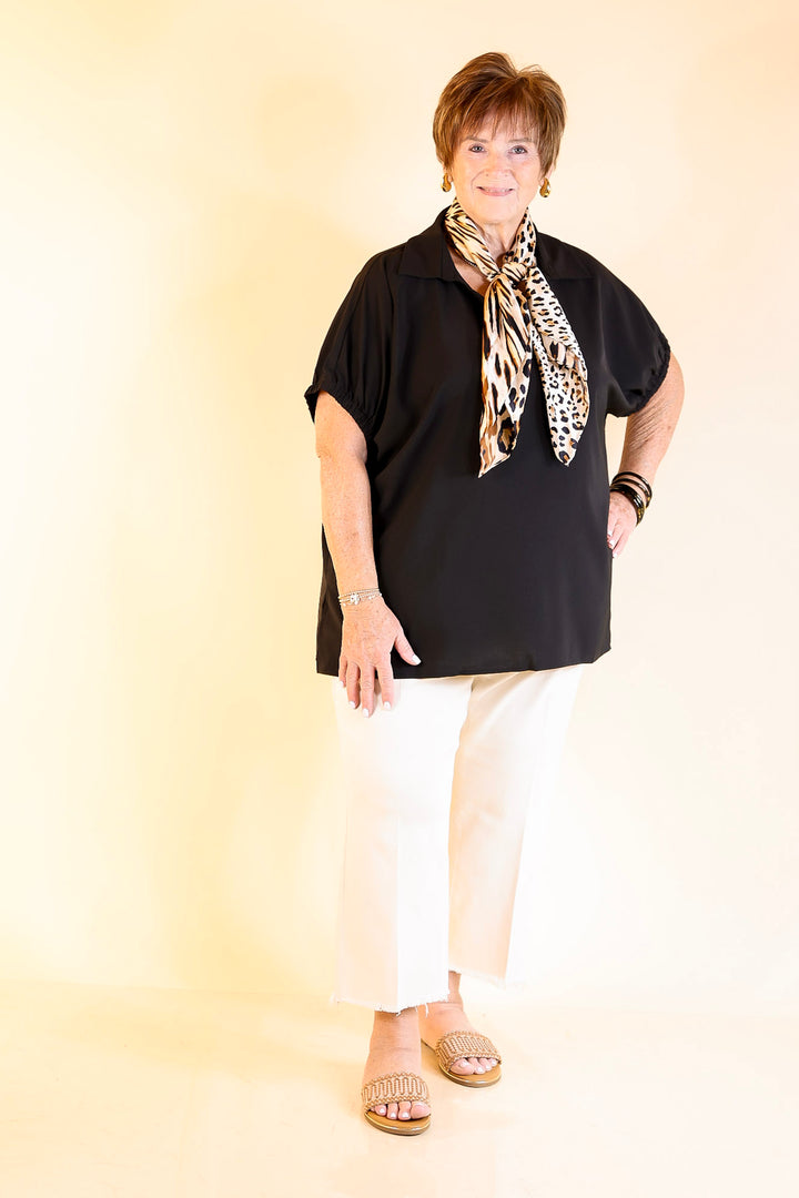 Fresh Start Collared V-Neck Blouse With Drop Shoulder in Black