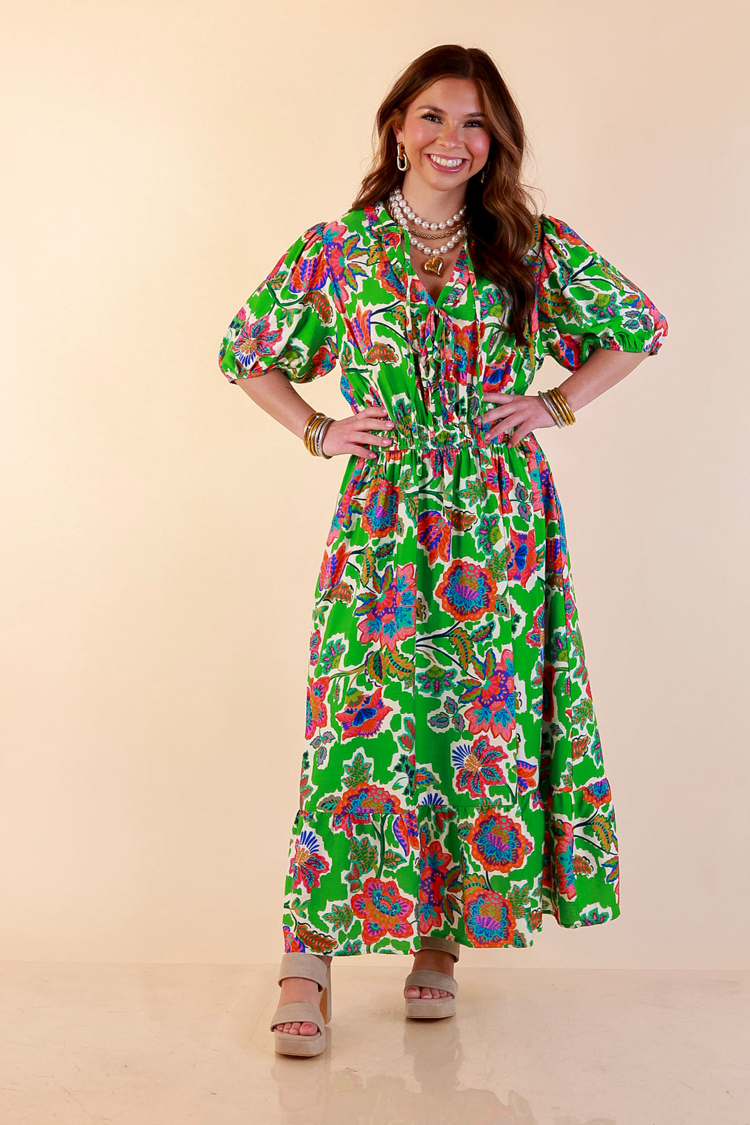 Color Me Happy Floral Print Midi Dress with Tie Neckline and Puff Sleeves in Green