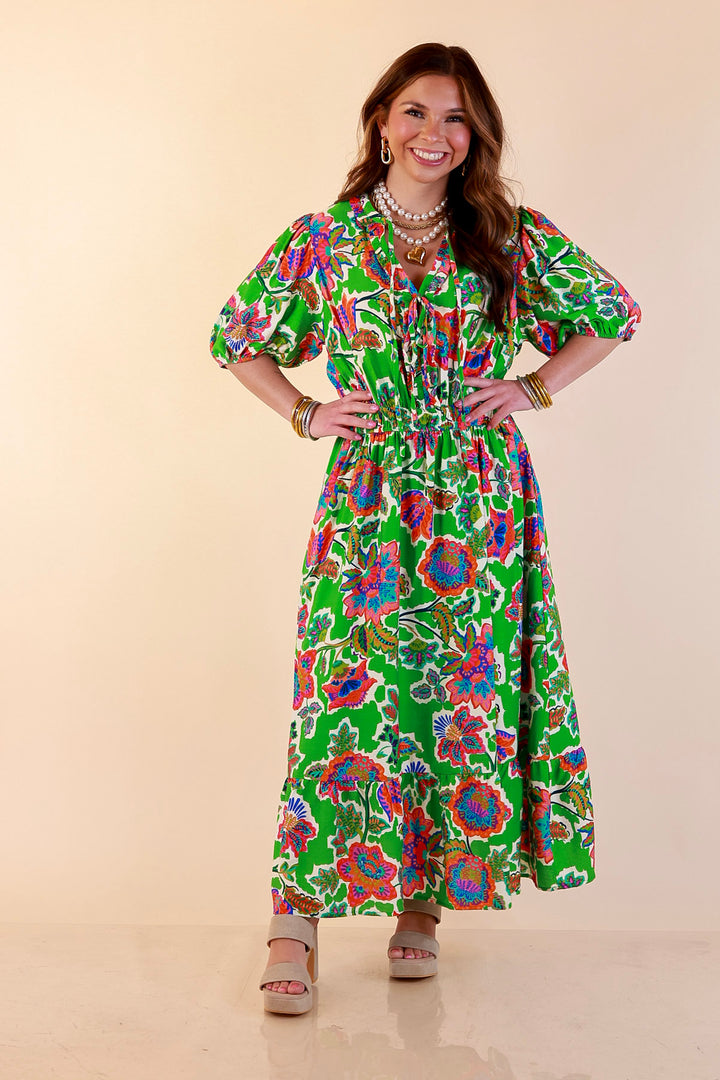 Color Me Happy Floral Print Midi Dress with Tie Neckline and Puff Sleeves in Green